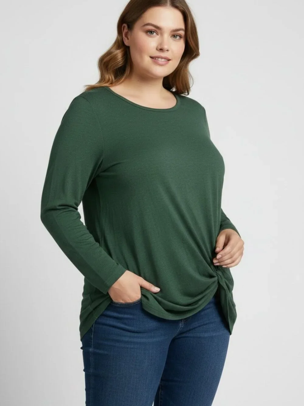 Plus Size 2XL Forest Green Knot Hem Long Sleeve Top Dark Green Tunic Blouse - Picture 3 of 8